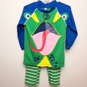 Mini Boden Frog Swim Set Rash Guard + Shorts Boys 4-5 Green